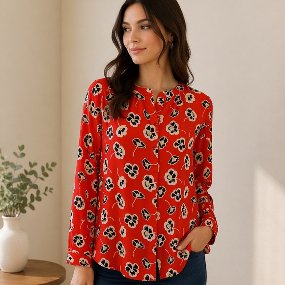 Juicy Couture Tops - Juicy Couture Red Floral Blouse Size Small Long Sleeve